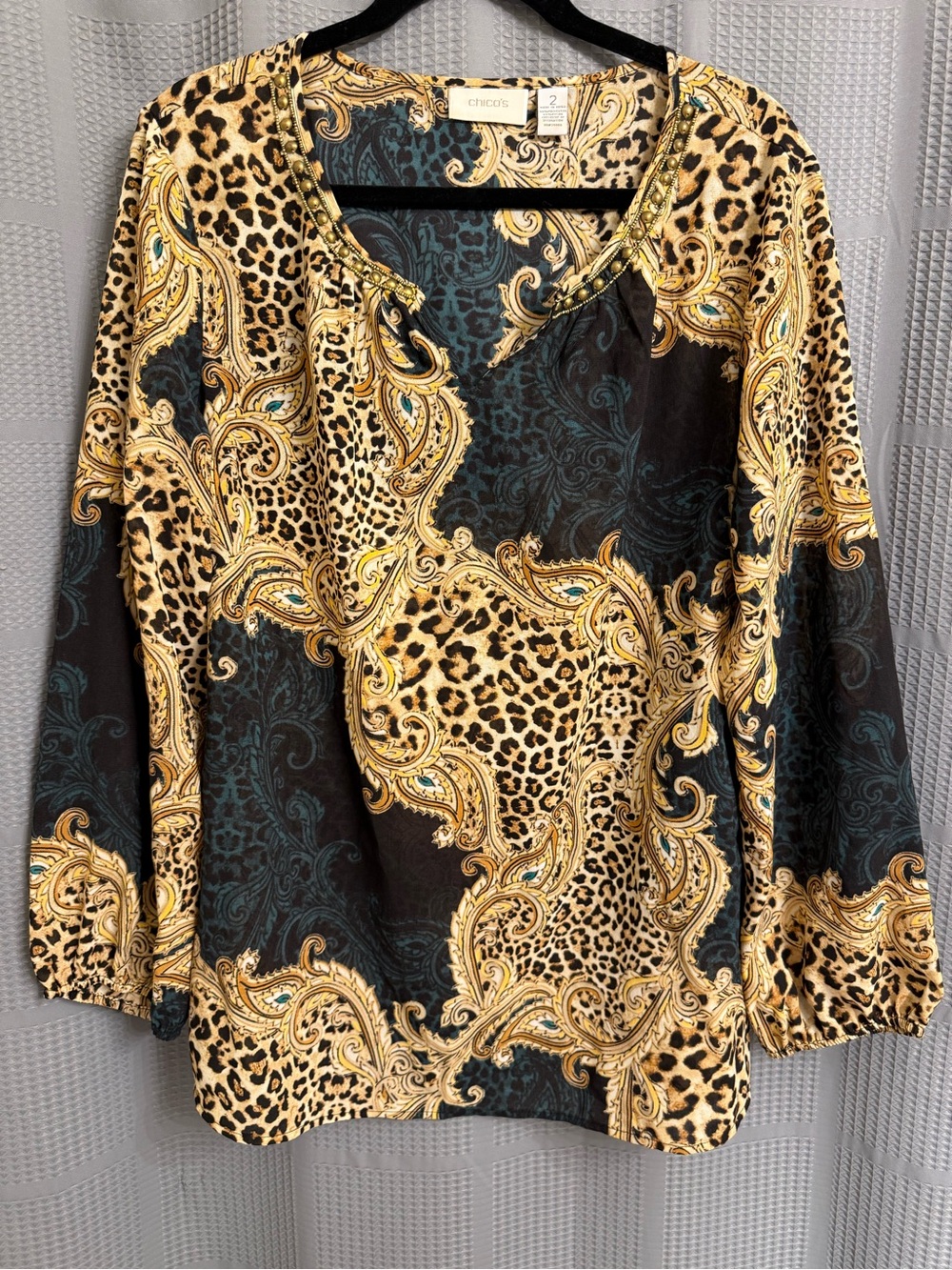 Chico's Women's Teal Black & Gold Paisley Leopard-Print Sheer Blouse
